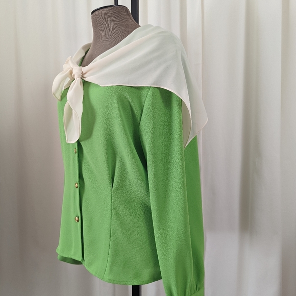 Vintage 1980s Lime Green Blouse with white Sailor Collar - Picture 2 of 8